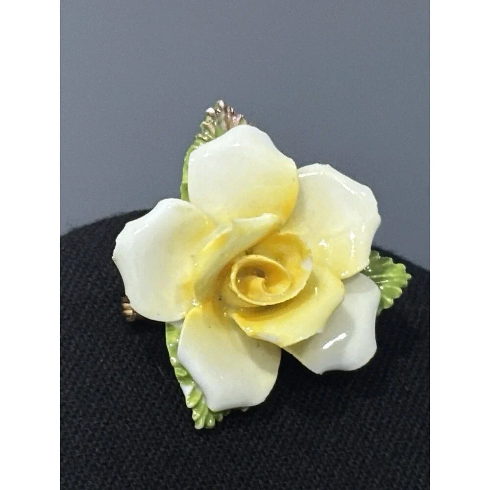 Vintage Porcelain Flower Brooch Made In England Yellow White Rose Bone China